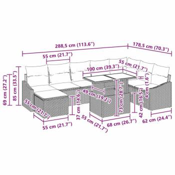9-teiliges Garten Sofa Set mit Kissen in Schwarz aus Poly Rattan