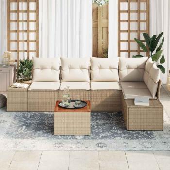 6-teiliges Garten-Sofa-Set mit Kissen Beige Poly Rattan Akazie