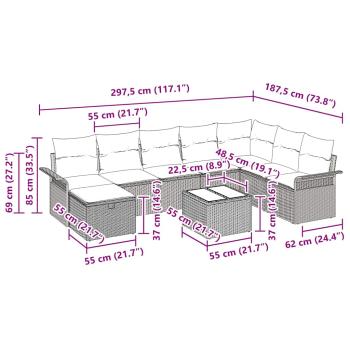 9-teiliges Garten Sofa Set mit Kissen Hellgrau Poly Rattan