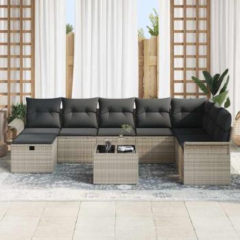 9-teiliges Garten Sofa Set mit Kissen Hellgrau Poly Rattan