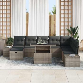 9-teiliges Garten-Sofaset mit Kissen Grau Poly-Rattan