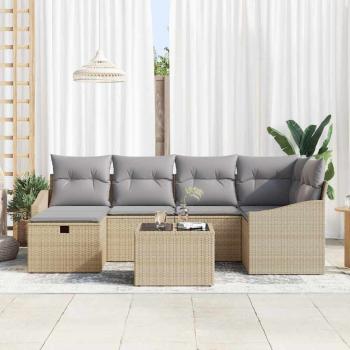 7-teiliges Gartensofa-Set mit Kissen in Beige aus Poly-Rattan