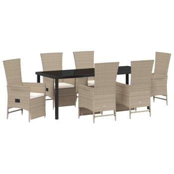 ARDEBO.de - 7-teiliges Garten-Esszimmer-Set mit Kissen Beige Poly Rattan