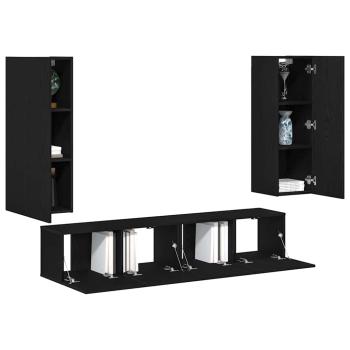 4-teiliges TV-Schrank-Set wandmontiert Schwarze Eiche Holzwerkstoff, Schwarzer Eichen-TV-Ständer 80x30x30 cm aus Holzwerkstoff, Wandmontierte TV-Schränke - 2 Stück Schwarze Eiche, 30.5x30x90 cm, aus Holzwerkstoff