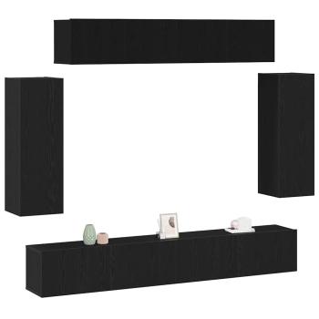 6-teiliges TV-Schranksystem - Technisch entwickeltes Holz mit antiker Holzoberfläche, Schwarzer Eichen TV-Ständer 80x30x30 cm - Aus technisch entwickeltem Holz, Wandmontierte TV-Schränke - 2 Stück in Schwarzer Eiche, 30,5x30x90 cm, Aus technisch entwickel