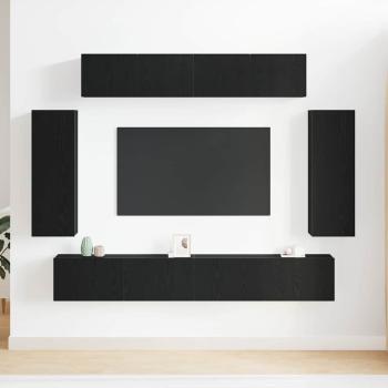6-teiliges TV-Schranksystem - Technisch entwickeltes Holz mit antiker Holzoberfläche, Schwarzer Eichen TV-Ständer 80x30x30 cm - Aus technisch entwickeltem Holz, Wandmontierte TV-Schränke - 2 Stück in Schwarzer Eiche, 30,5x30x90 cm, Aus technisch entwickel