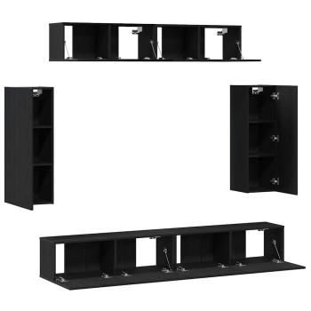 6-teiliges TV-Schranksystem - Technisch entwickeltes Holz mit antiker Holzoberfläche, Schwarzer Eichen TV-Ständer 80x30x30 cm - Aus technisch entwickeltem Holz, Wandmontierte TV-Schränke - 2 Stück in Schwarzer Eiche, 30,5x30x90 cm, Aus technisch entwickel