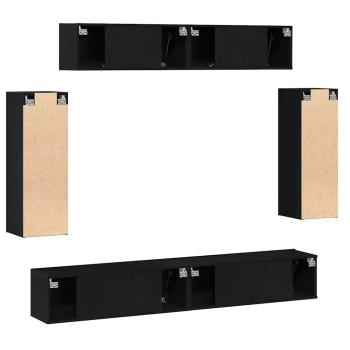 6-teiliges TV-Schranksystem - Technisch entwickeltes Holz mit antiker Holzoberfläche, Schwarzer Eichen TV-Ständer 80x30x30 cm - Aus technisch entwickeltem Holz, Wandmontierte TV-Schränke - 2 Stück in Schwarzer Eiche, 30,5x30x90 cm, Aus technisch entwickel