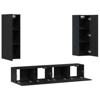 4-teiliges TV-Schrank-Set wandmontiert Schwarze Eiche Holzwerkstoff, Schwarze Eiche TV-Ständer 80x30x30 cm aus Holzwerkstoff, Wandmontierte TV-Schränke - 2 Stück Schwarze Eiche, 30,5x30x90 cm, aus Holzwerkstoff