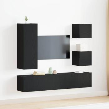 ARDEBO.de - 6-teiliges TV-Kabinett-Set Schwarz Eiche Holzwerkstoff, Wandmontierte TV-Schränke 2 Stück Schwarz Eiche 30.5x30x30 cm, Wandmontierter TV-Schrank in Schwarz Eiche - 30.5x30x90 cm, aus Holzwerkstoff, Schwarz Eiche TV-Ständer 80x30x30 cm aus Holz