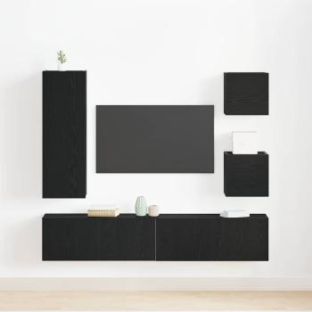 6-teiliges TV-Kabinett-Set Schwarz Eiche Holzwerkstoff, Wandmontierte TV-Schränke 2 Stück Schwarz Eiche 30.5x30x30 cm, Wandmontierter TV-Schrank in Schwarz Eiche - 30.5x30x90 cm, aus Holzwerkstoff, Schwarz Eiche TV-Ständer 80x30x30 cm aus Holzwerkstoff