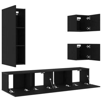 6-teiliges TV-Kabinett-Set Schwarz Eiche Holzwerkstoff, Wandmontierte TV-Schränke 2 Stück Schwarz Eiche 30.5x30x30 cm, Wandmontierter TV-Schrank in Schwarz Eiche - 30.5x30x90 cm, aus Holzwerkstoff, Schwarz Eiche TV-Ständer 80x30x30 cm aus Holzwerkstoff
