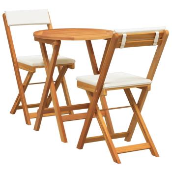 3-teiliges Faltbistro-Set mit Kissen aus massivem Akazienholz
