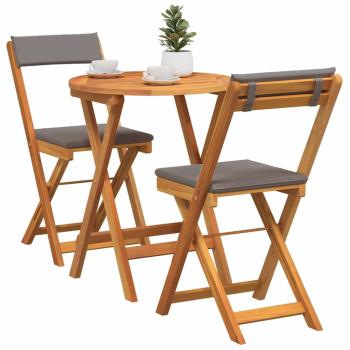 3-teiliges faltbares Bistro Set mit Kissen aus massivem Akazienholz
