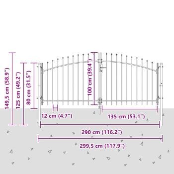Gartentor mit Spear Top Doppelschwing Grau 100x300 cm Stahl
