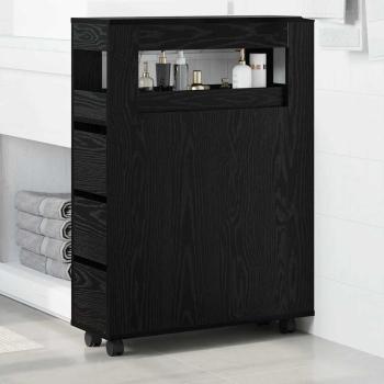 Schmaler Badezimmer Schrank mit Rädern Schwarz Holz Spanplatte