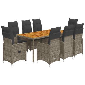 9-tlg. Garten-Bistro-Set mit Kissen Grau Poly Rattan