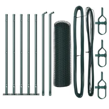 Sechseckzaun Grün 0,6x10 m Stahl, Zaunpfosten mit Bodenplatten 7 Stk Ø32mm 70cm verzinkter Stahl