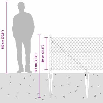 Sechseckzaun Grau 0.8x25 m Stahl, Zaunpfosten mit Spitze 13 Stück Ø32 mm 100 cm verzinkter Stahl