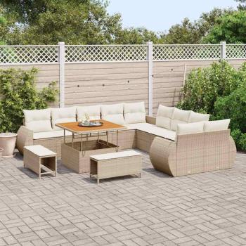 13-teiliges Garten Sofa Set mit Kissen Beige Poly Rattan Akazie, 3-teiliges Garten Essset mit Kissen Beige Poly Rattan Akazie