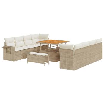 11-teiliges Garten-Sofa-Set mit Kissen Beige Poly Rattan Akazie, 3-teiliges Garten-Dining-Set mit Kissen Beige Poly Rattan Akazie
