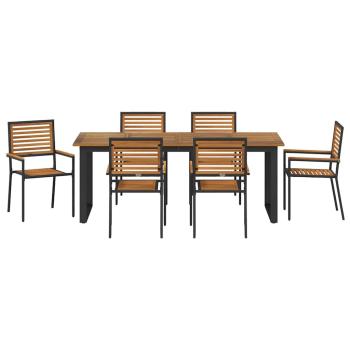 7-teiliges Garten Esszimmer Set Schwarz Poly-Rattan Akazie, Stapelbare Gartenstühle mit Kissen 2 Stk Schwarz Poly-Rattan