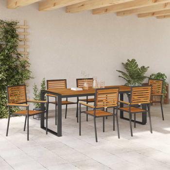 7 Teile Garten Essensemble Schwarz Poly Rattan Akazie, Stapelbare Gartenstühle mit Kissen 2 Stück Schwarz Poly Rattan