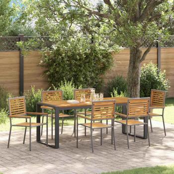 ARDEBO.de - 7-teiliges Garten Essset Grau Poly-Rattan Akazie, Stapelbare Gartenstühle mit Kissen 2 Stück Grau Poly-Rattan