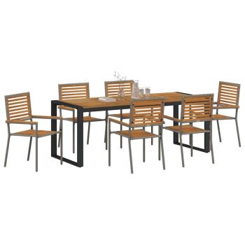 7-teiliges Garten Essset Grau Poly-Rattan Akazie, Stapelbare Gartenstühle mit Kissen 2 Stück Grau Poly-Rattan