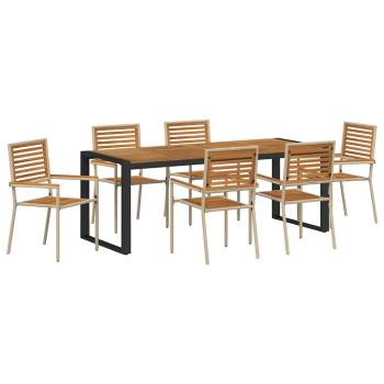 7-teiliges Garten Essset Beige Poly-Rattan Akazie, Stapelbare Gartenstühle mit Kissen - Set von 2 in Beige Poly-Rattan