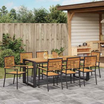 9-teiliges Garten Essgruppe Schwarz Poly Rattan Akazie, Stapelbare Gartenstühle mit Kissen 2 Stück Schwarz Poly Rattan