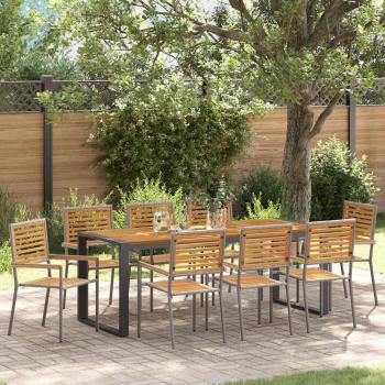 ARDEBO.de - 9-teiliges Garten Esszimmer Set Grau Poly-Rattan Akazie, Stapelgartenstühle mit Kissen 2 Stück Grau Poly-Rattan