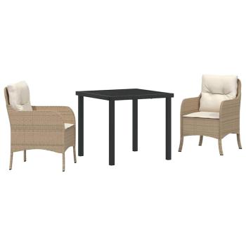 3-teiliges Garten-Ess-Set mit Kissen Beige Poly Rattan