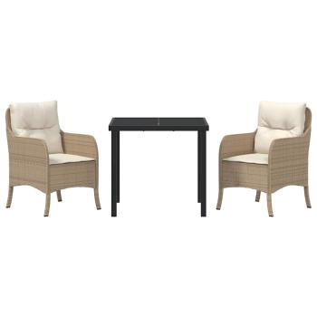 3-teiliges Garten-Ess-Set mit Kissen Beige Poly Rattan