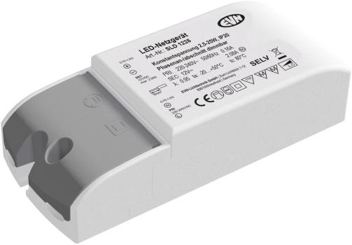 ARDEBO.de EVN SLD-Serie Netzgerät 12V/DC, 2,5-25W, IP20, Primär: 220-240V, dimmbar mit Phasenan- und Phasenabschnitt-Dimmer (SLD1225)
