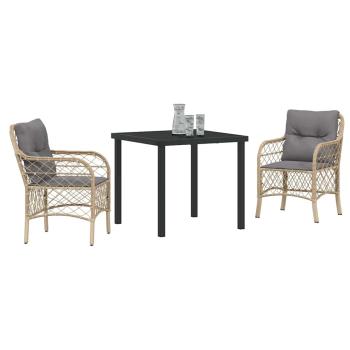 3-teiliges Garten-Essset mit Kissen Beige Poly-Rattan