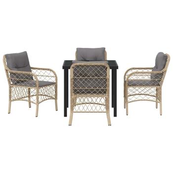 5-teiliges Garten-Ess-Set mit Kissen Beige Poly Rattan