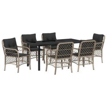 7-teiliges Garten-Esszimmer-Set mit Kissen Hellgrauer Poly-Rattan