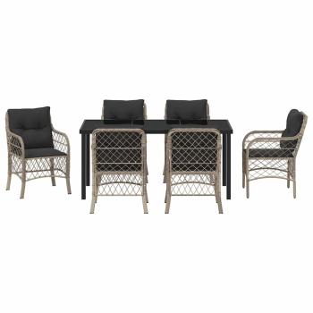 7-teiliges Garten-Esszimmer-Set mit Kissen Hellgrauer Poly-Rattan