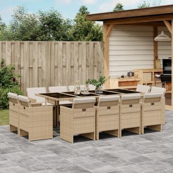 ARDEBO.de - 13-tlg. Garten-Essgruppe mit Kissen Beige Poly Rattan