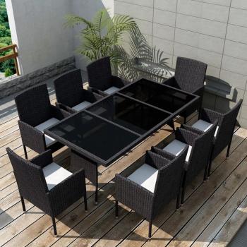 ARDEBO.de - 9-tlg. Garten-Essgruppe mit Kissen Poly Rattan Schwarz