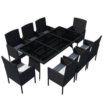 9-tlg. Garten-Essgruppe mit Kissen Poly Rattan Schwarz