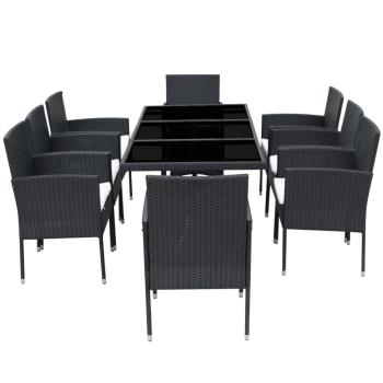 9-tlg. Garten-Essgruppe mit Kissen Poly Rattan Schwarz