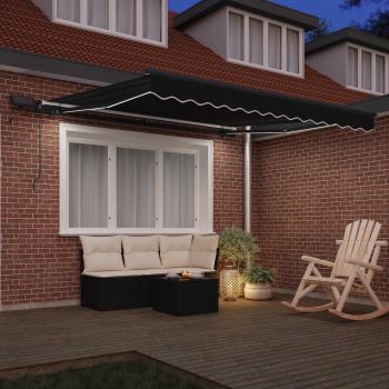 Manuelle einziehbare Markise mit LED Schwarz 300x250 cm, Markisen-Ersatzstoff für 3x2.5 m Rahmen Schwarz