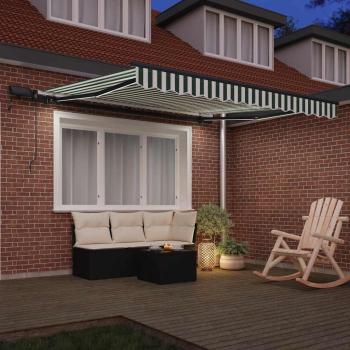 Manuelle Einziehbare Markise mit LED Grün und Weiß 350x250 cm, Markisen-Ersatzstoff für 3,5x2,5 m Rahmen Grün und Weiß