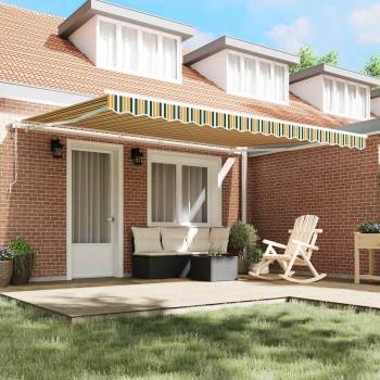 Automatische Einziehbare Markise Grün und Gelb 450x350 cm, Markisen-Ersatzstoff für 4,5x3,5 m Rahmen Grün und Gelb