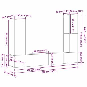 4-teiliges TV-Schrank Set Wandmontiert Schwarze Eiche Engineered Wood Produktmanagementsystem
