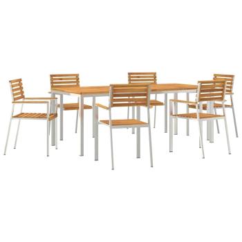 7-teilige Garten-Essgruppe aus massivem Akazienholz, Esstisch für draußen 200x90x74.5 cm aus massivem Akazienholz, Stapelbare Gartenstühle 2 Stk aus massivem Akazienholz und Stahl, Stapelbare Gartenstühle 4 Stk aus massivem Akazienholz und Stahl