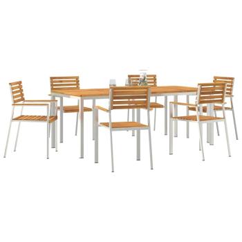 7-teilige Garten-Essgruppe aus massivem Akazienholz, Esstisch für draußen 200x90x74.5 cm aus massivem Akazienholz, Stapelbare Gartenstühle 2 Stk aus massivem Akazienholz und Stahl, Stapelbare Gartenstühle 4 Stk aus massivem Akazienholz und Stahl