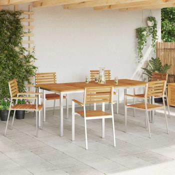 7-teilige Garten-Essgruppe aus massivem Akazienholz, Esstisch für draußen 200x90x74.5 cm aus massivem Akazienholz, Stapelbare Gartenstühle 2 Stk aus massivem Akazienholz und Stahl, Stapelbare Gartenstühle 4 Stk aus massivem Akazienholz und Stahl